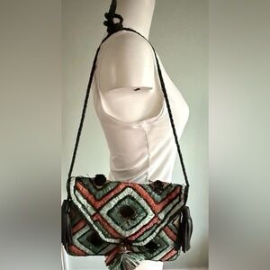 Anthropologie ibBan Handmade Raffia Leather Crossbody Bag Teal Black Tassel